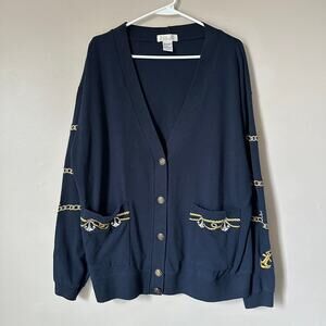 Tara Vanessa Nautical Cardigan Womens Large Anchor Embroidered Navy Sweater
